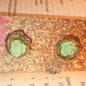 Vintage Carved Rose Romantic 1950s Enamel metal Flower Earrings